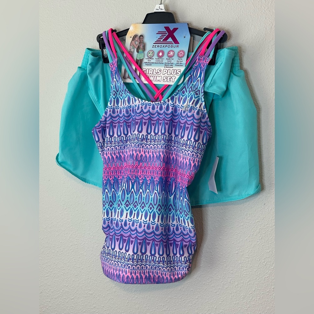 Zeroxposur Girls Calypso 3 Piece Tankini/Cover Up Short Set NWT Size L 14.5/16.5 - Picture 2 of 10